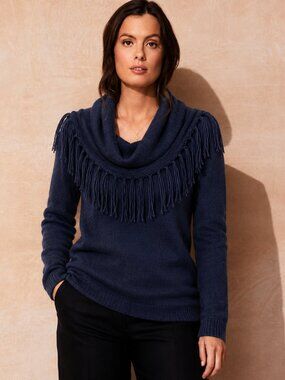 Fenn Wright Manson Wool Fringe Cowl Neck Sweater Dark Blue Size Small